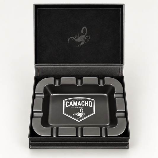 Camacho Limited Edition Ceramic Ashtray displayed in its open leather presentation case