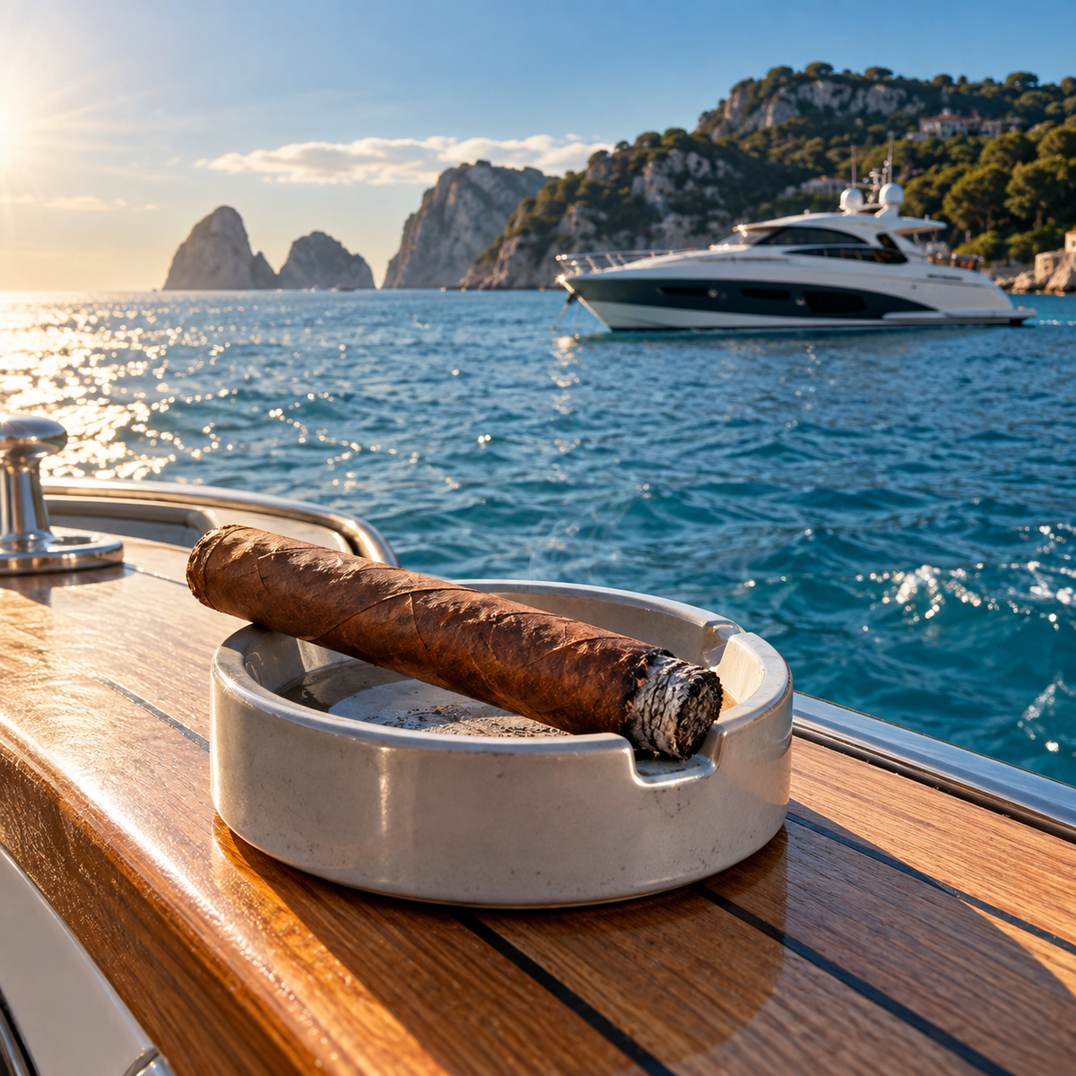 Cigar resting in an ashtray on a yacht deck, a boating cigar for a day on the water