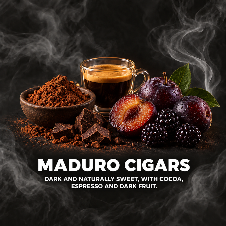 Cocoa, espresso and dark fruit still life, representing dark, sweet Maduro wrapper cigars