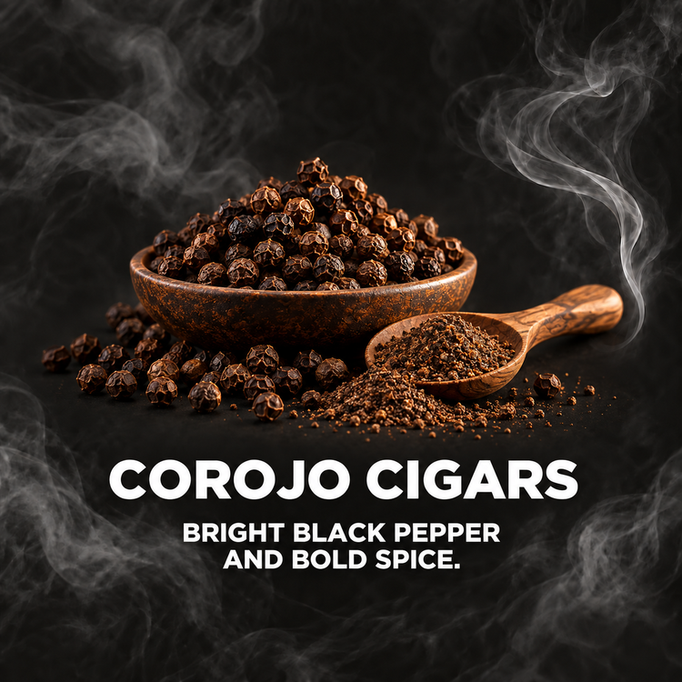 Black peppercorns and spice still life, representing spicy Corojo wrapper cigars