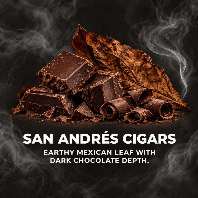 Chocolate and tobacco leaf still life, representing dark Mexican San Andrés wrapper cigars