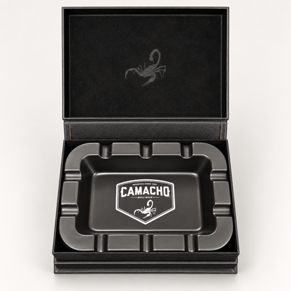 Camacho Limited Edition Ceramic Ashtray displayed in its open leather presentation case