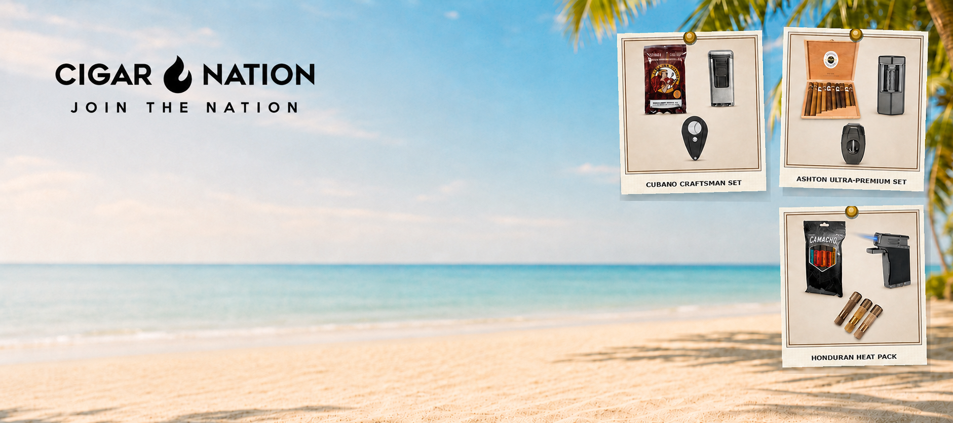 Cigar Nation curated cigar, cutter and torch kits displayed as Polaroid photos against a coastal beach backdrop.
