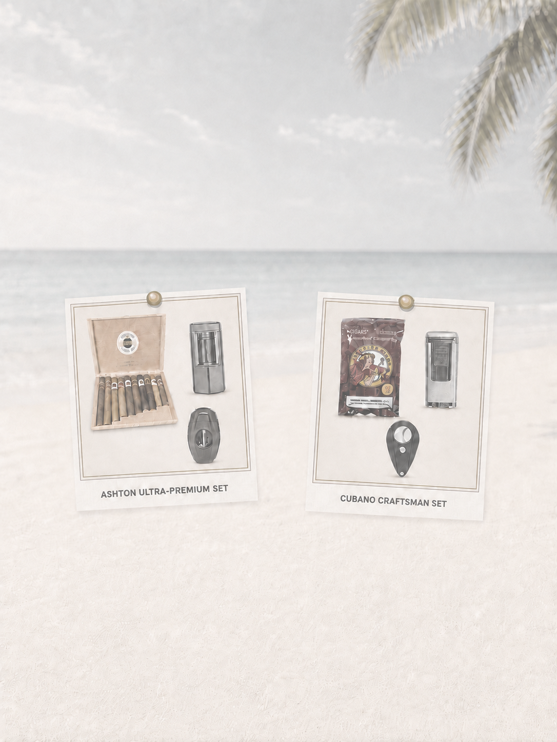 Cigar Nation Ashton Ultra-Premium and Cubano Craftsman cigar kits displayed on a softly muted coastal background.