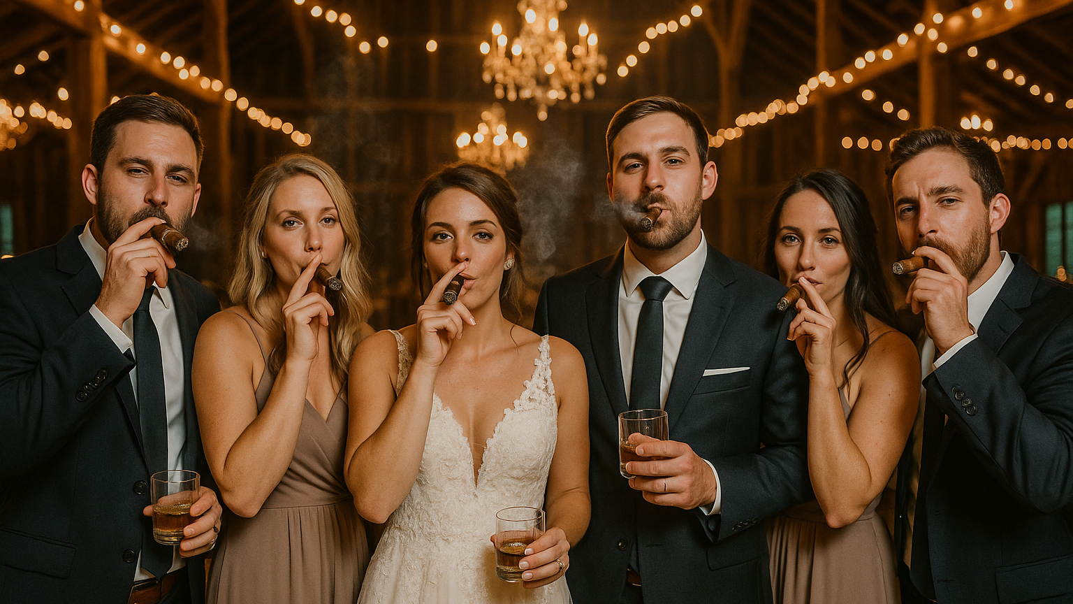 Wedding reception cigar bar with premium hand-rolled cigars, personalized event boxes.