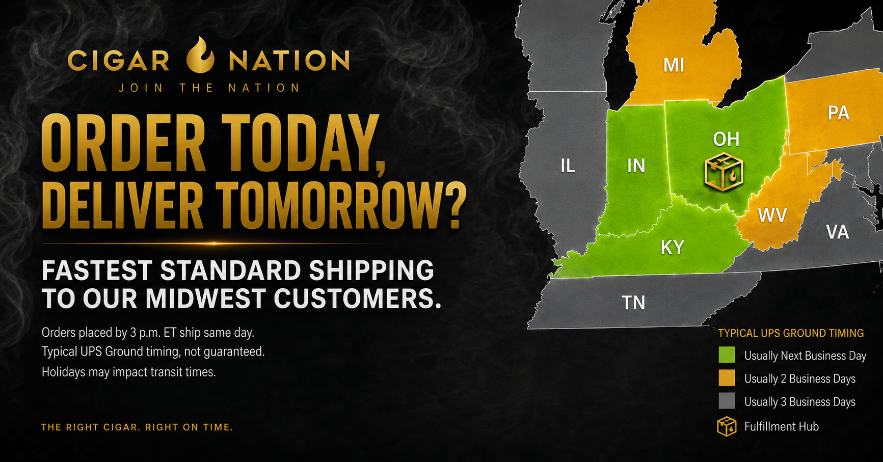 Cigar Nation shipping map showing next-business-day delivery to Ohio, Indiana, and Kentucky from Columbus, Ohio. Fastest delivery.