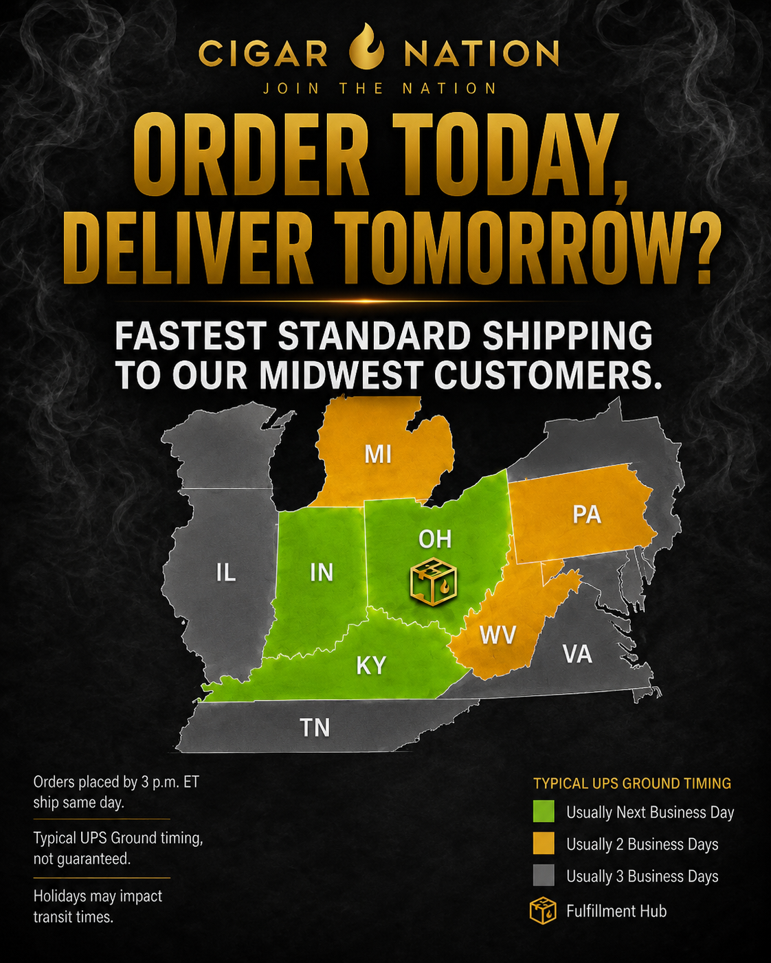 Cigar Nation shipping map showing next-business-day delivery to Ohio, Indiana, and Kentucky from Columbus, Ohio. Fastest delivery.